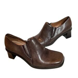 Naturalizer Size 6 Brown Leather Square Toe Block Heel Loafer Pump Preppy Office